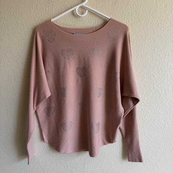 NWT Liv Milano Blush Shale Pink Rhinestone Heart Embellished Pullover Sweater M - Picture 1 of 9